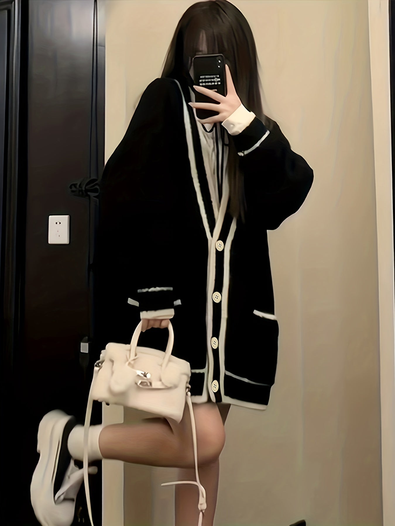 gbolsos  Contrast Trim Botton Up Cardigan, Casual Long Sleeve Pocket Loose Sweater For Fall & Winter, Women's Clothing
