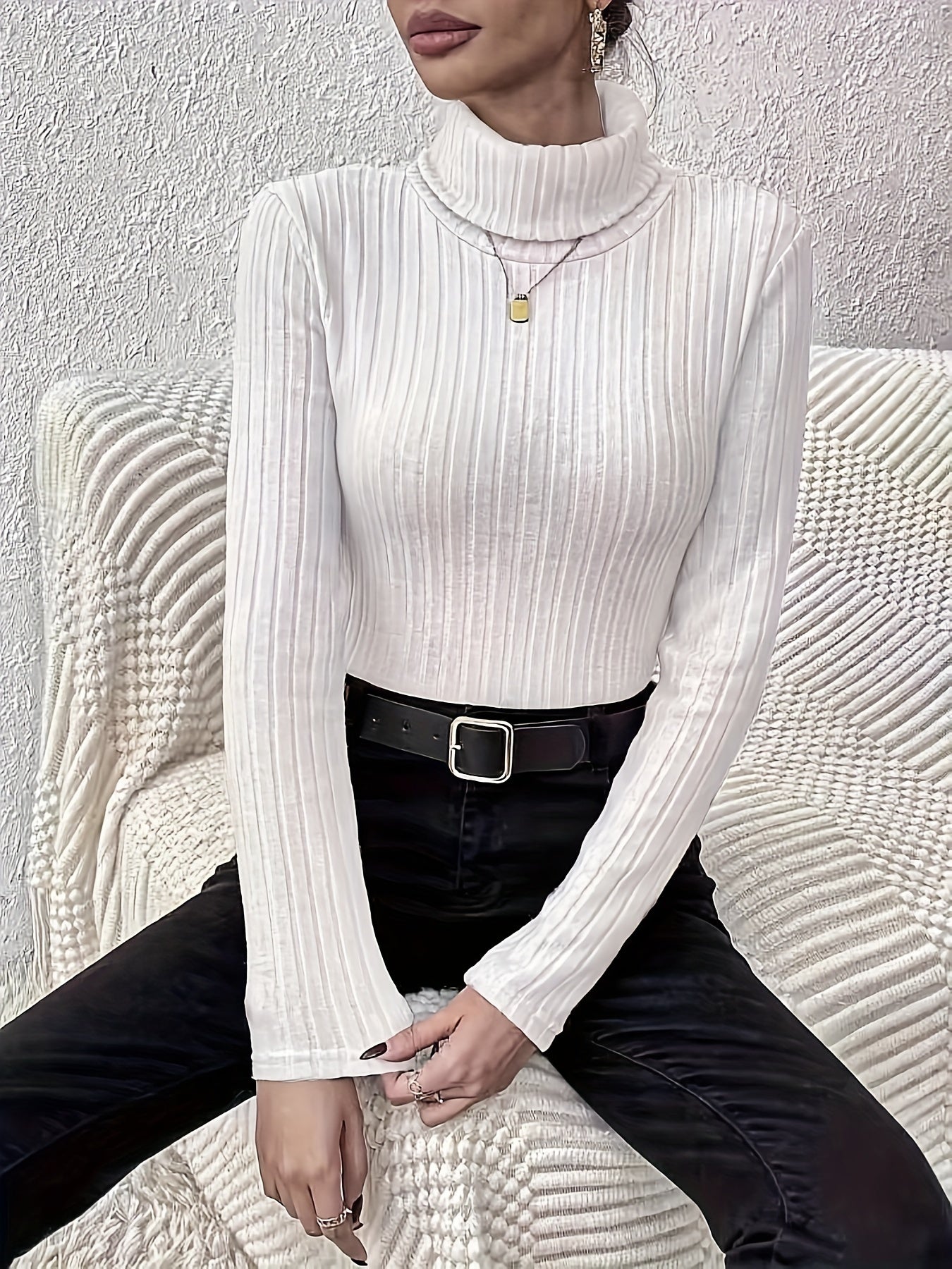 gbolsos Solid Ribbed Turtleneck T-shirt, Elegant Long Sleeve Slim Top For Spring & Fall, Women's Clothing