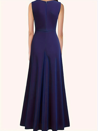 gbolsos  Solid Sleeveless Split Hem Tank Dress, Elegant V Neck Cinched Waist A-line Dress, Women's Clothing