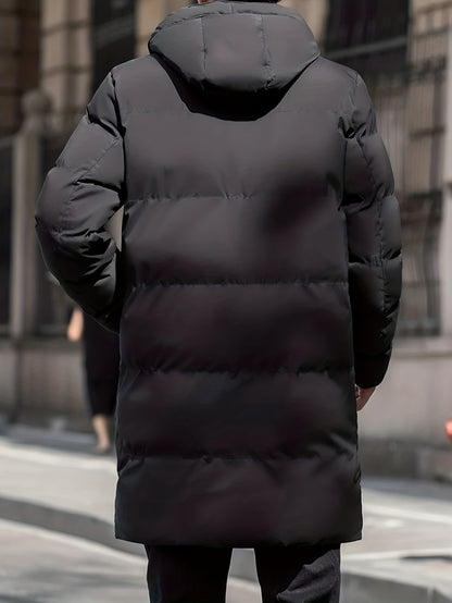gbolsos  Classic Design Warm Hooded Jacket, Men's Casual Solid Color Zip Up Cotton Padded Overcoat For Fall Winter Outdoor