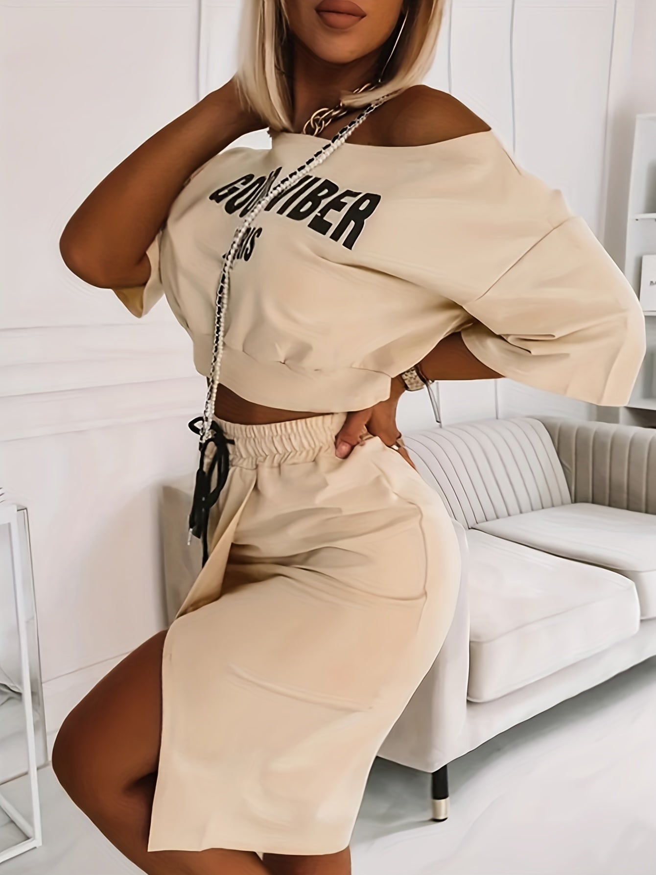 2025 elveswallet  Plus Size Casual Outfits Two Piece Set, Women's Plus Letter Print One Shoulder Short Sleeve Top & Drawstring Split Hem Knee Length Skirt Outfits 2 Piece Set