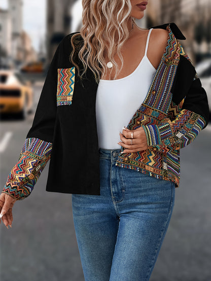 Patchwork Print Patched Pockets Jacket, Ethnic Color Block Single Button Jacket, Women's Clothing