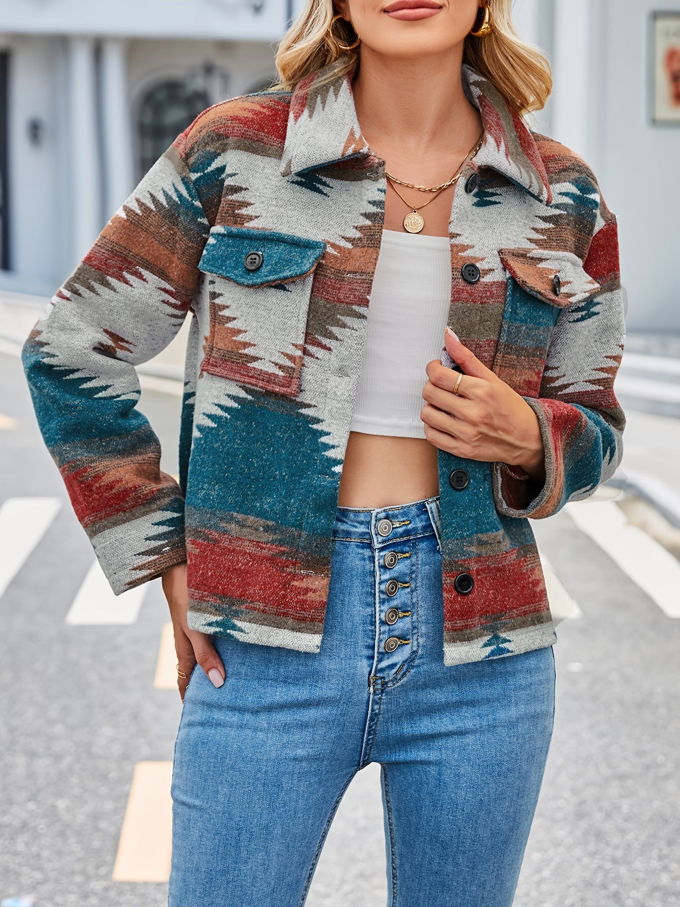 gbolsos  Aztec Pattern Button Up Jacket, Vintage Long Sleeve Pockets Spring & Fall Outerwear, Women's Clothing
