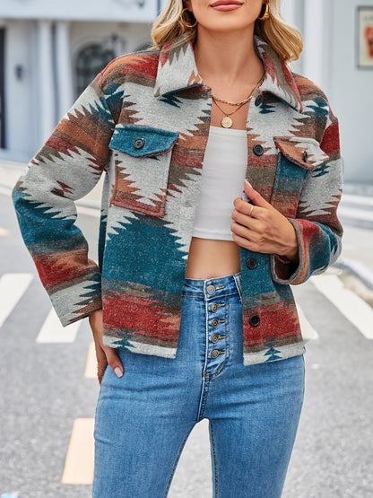 gbolsos  Aztec Pattern Button Up Jacket, Vintage Long Sleeve Pockets Spring & Fall Outerwear, Women's Clothing