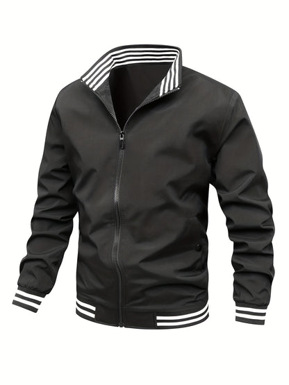 gbolsos  Classic Design Bottom Striped Jacket, Men's Casual Zip Up Stand Collar Jacket For Spring Fall