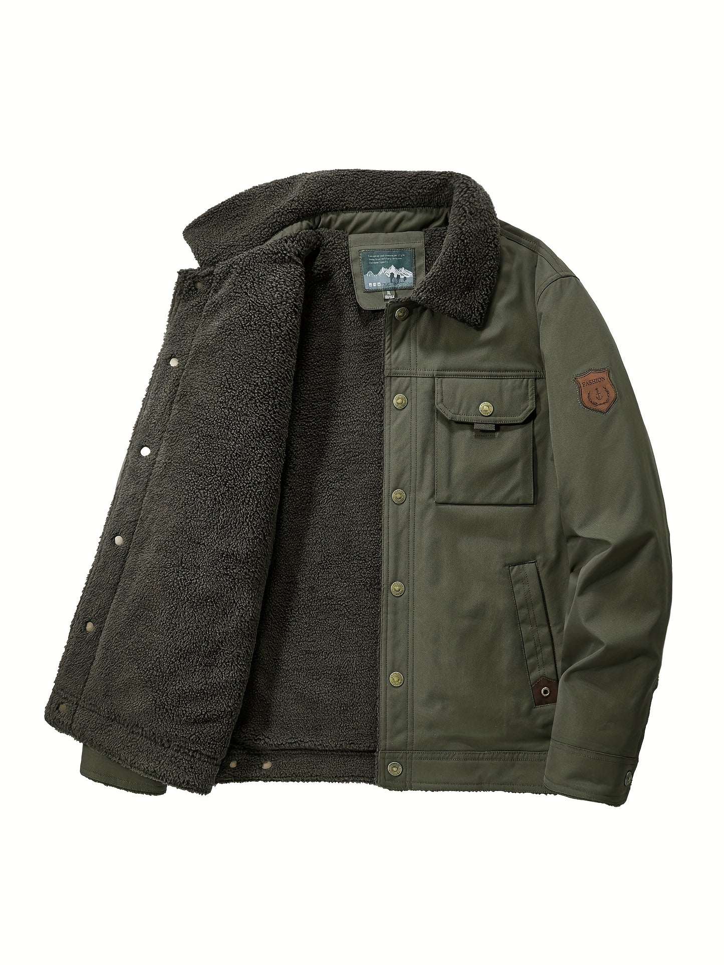 gbolsos  Warm Fleece Windbreaker Jacket, Men's Casual Lapel Multi Pocket Cargo Jacket Coat For Fall Winter Outdoor Activities