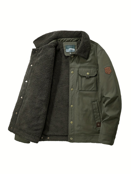 gbolsos  Warm Fleece Windbreaker Jacket, Men's Casual Lapel Multi Pocket Cargo Jacket Coat For Fall Winter Outdoor Activities
