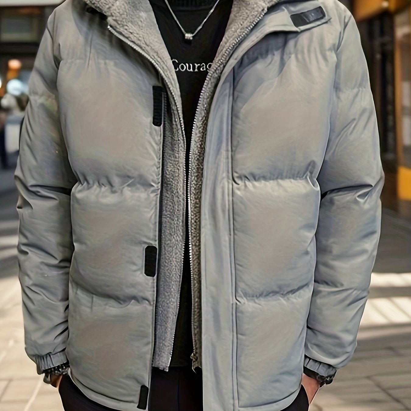 gbolsos  Warm Fleece Hooded Jacket, Men's Casual Zip Up Cotton Padded Jacket For Fall Winter Outdoor