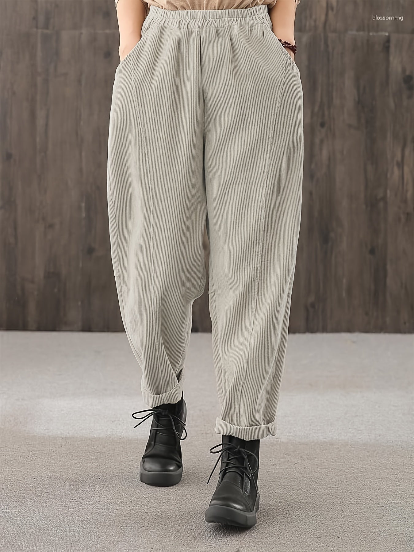 gbolsos  Solid Color Tapered Pants, Casual Elastic Waist Slant Pockets Loose Pants, Women's Clothing