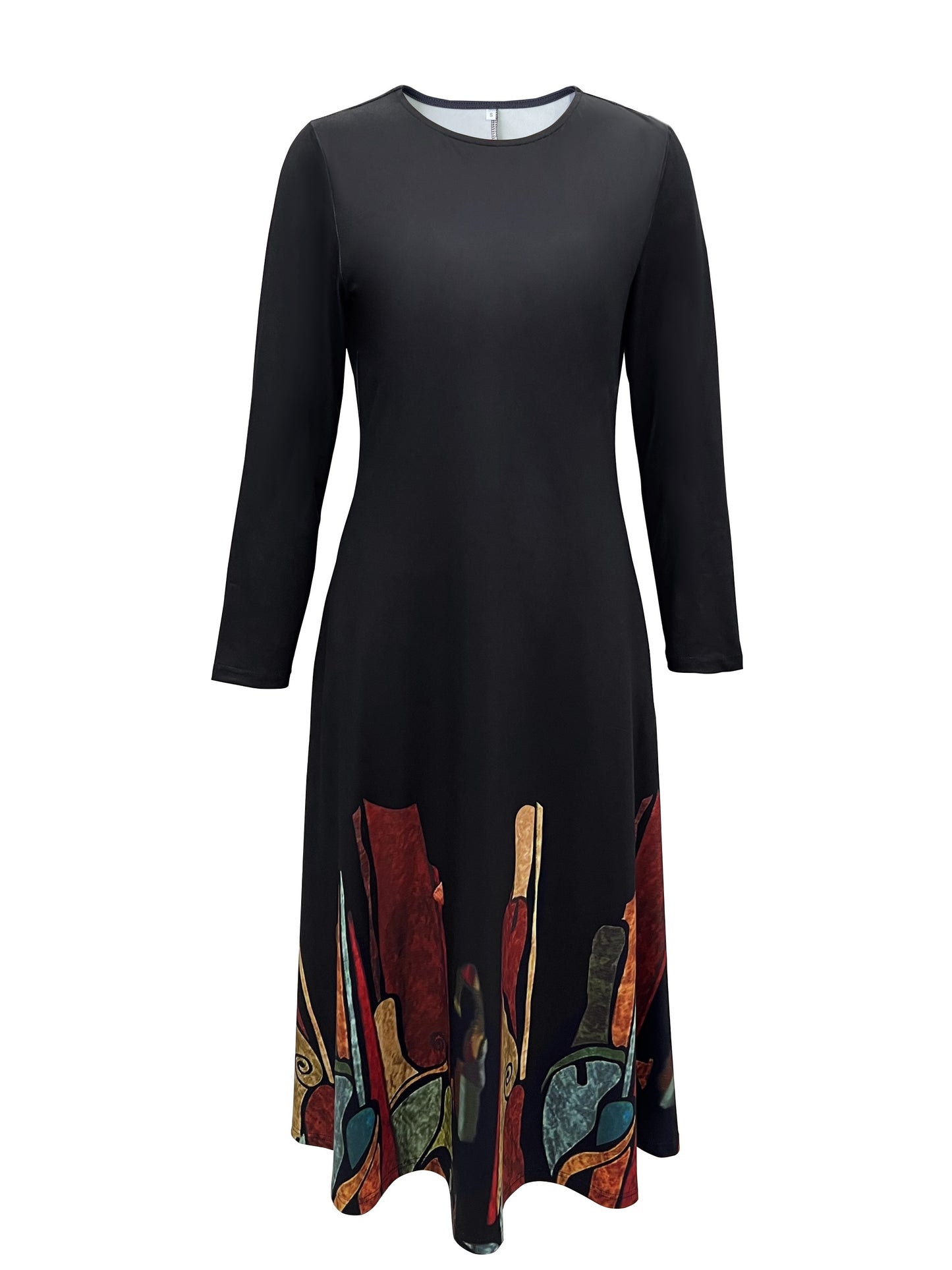 gbolsos  Ethnic Print Midi Dress, Elegant Crew Neck Long Sleeve Dress, Women's Clothing