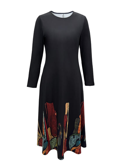 gbolsos  Ethnic Print Midi Dress, Elegant Crew Neck Long Sleeve Dress, Women's Clothing