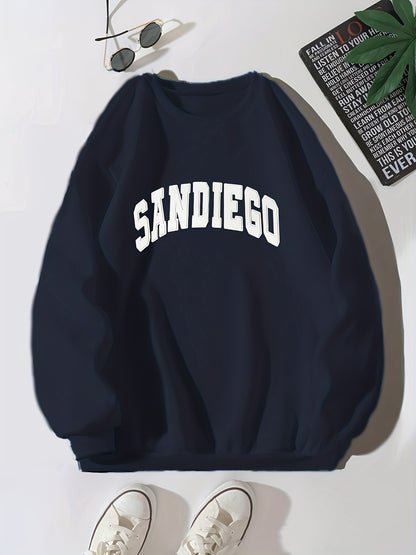 gbolsos  Sandiego Letter Print Sweatshirt, Casual Crew Neck Long Sleeve Sweatshirt, Women's Clothing