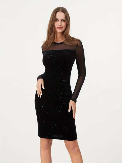 gbolsos  Contrast Sequin Solid Dress, Elegant Long Sleeve Bodycon Dress, Women's Clothing