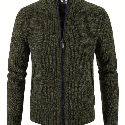 gbolsos  Warm Zip Up Jacket Sweater, Men's Casual Lapel Mid Stretch Slant Pocket Solid Color Cardigan For Fall Winter