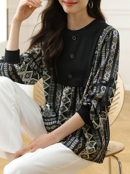 gbolsos  Vintage Graphic Print Splicing Top, Elegant Button Front Lantern Sleeve Top For Spring & Fall, Women's Clothing