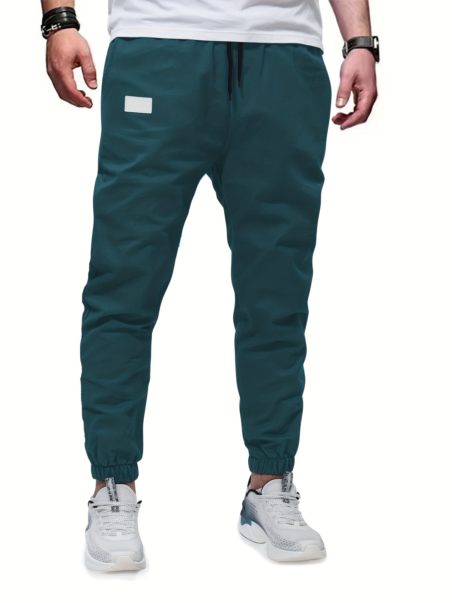 gbolsos Woven Cotton Blend Joggers, Men's Casual Solid Color Slightly Stretch Drawstring Pants For Spring Summer