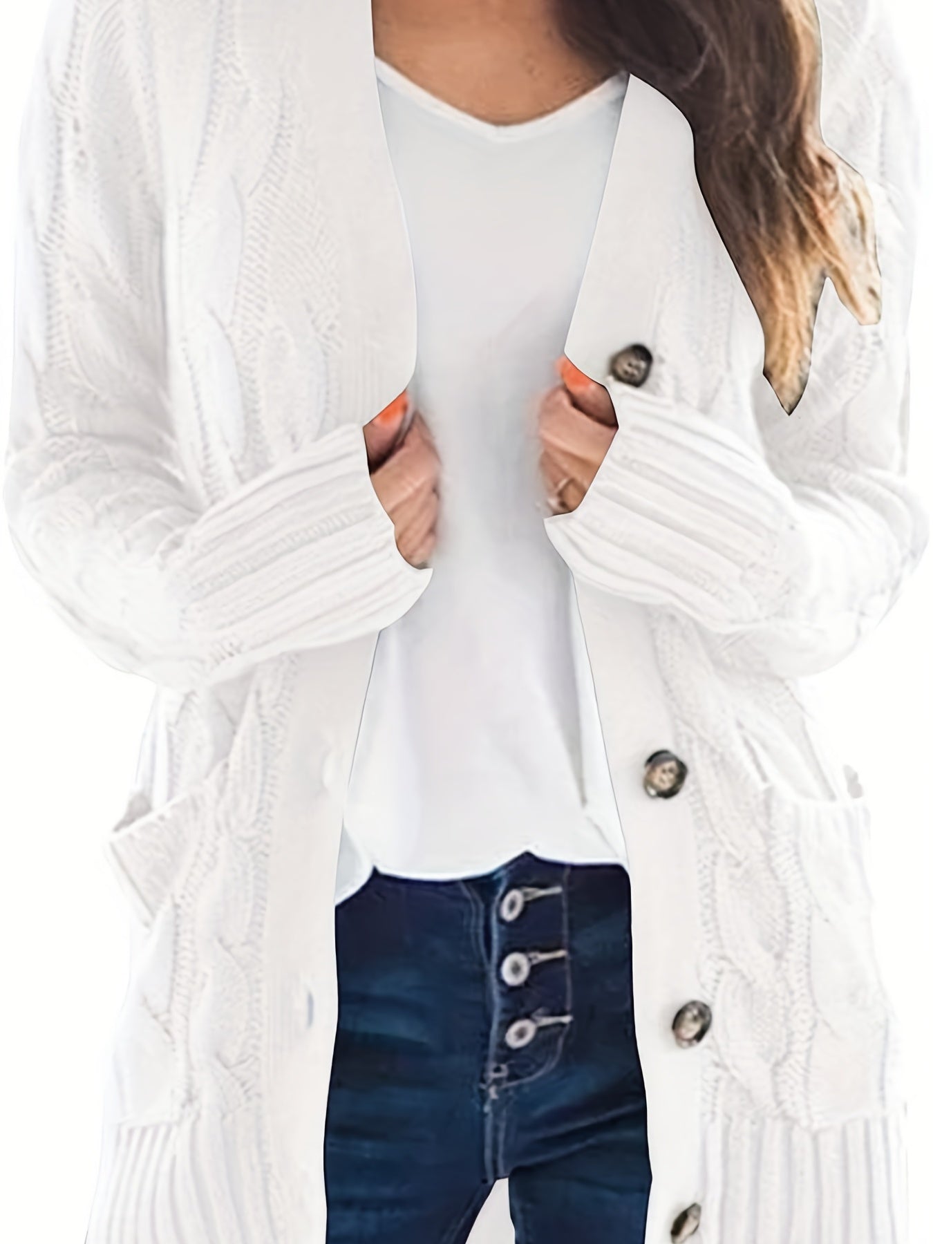 Cable Knit Button Front Cardigan, Casual Solid Long Sleeve Cardigan For Fall & Winter, Women's Clothing