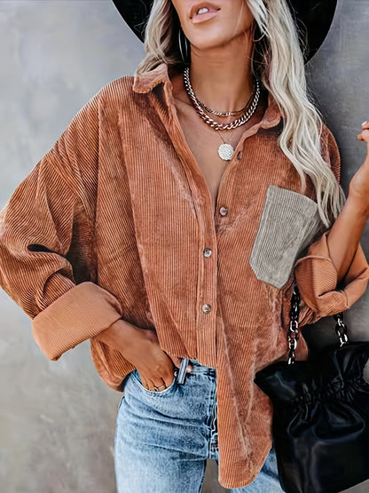 gbolsos  Button Front Solid Shirt, Vintage Long Sleeve Collar Shirt, Women's Clothing
