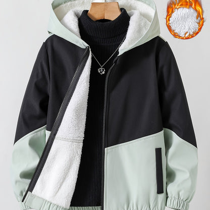 gbolsos  Girls Chevron Color Block Hooded Fleece Lined Windbreaker Jacket For Teen Kids Autumn And Winter