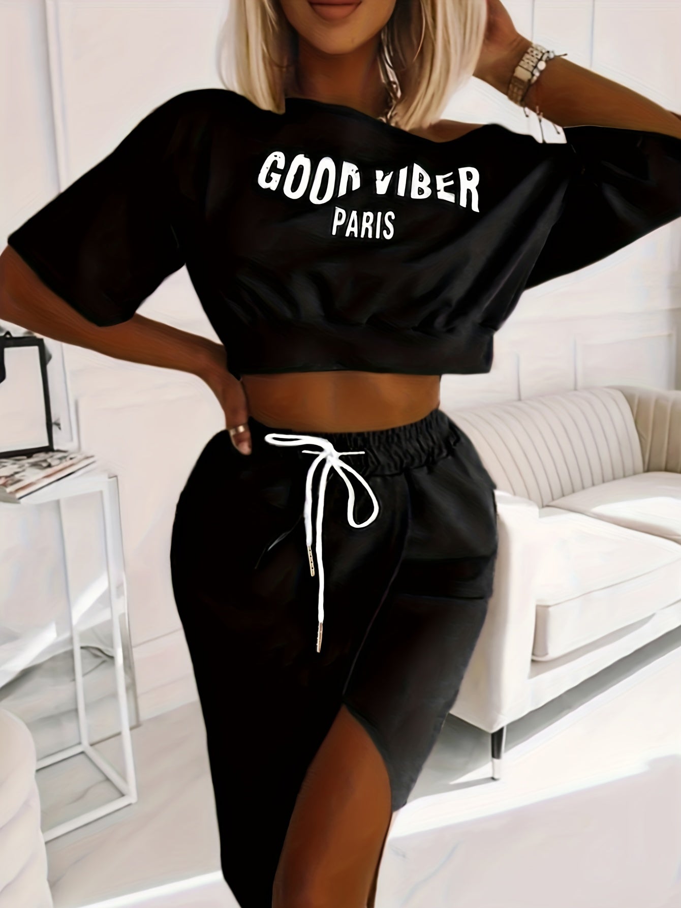 2025 elveswallet  Plus Size Casual Outfits Two Piece Set, Women's Plus Letter Print One Shoulder Short Sleeve Top & Drawstring Split Hem Knee Length Skirt Outfits 2 Piece Set