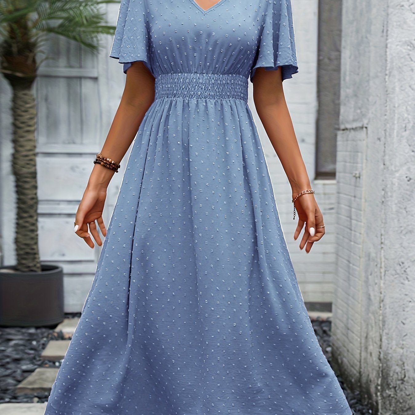 gbolsos  Swiss Dot Flutter Sleeve Dress, Elegant Shirred Waist V-neck Dress For Spring & Summer, Women's Clothing