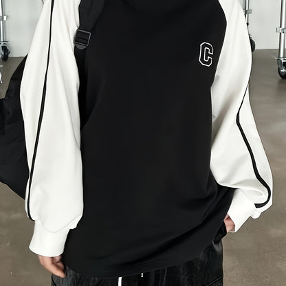 Letter Print Pullover Sweatshirt, Casual Color Block Long Sleeve Crew Neck Sweatshirt For Fall & Winter, Women's Clothing