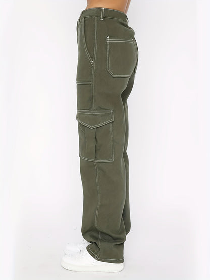 Army Green Cargo Pants, Flap Pockets High Waist Loose Fit Non-Stretch Casual Denim Pants, Y2K Kpop Vintage Style, Women's Denim Jeans & Clothing