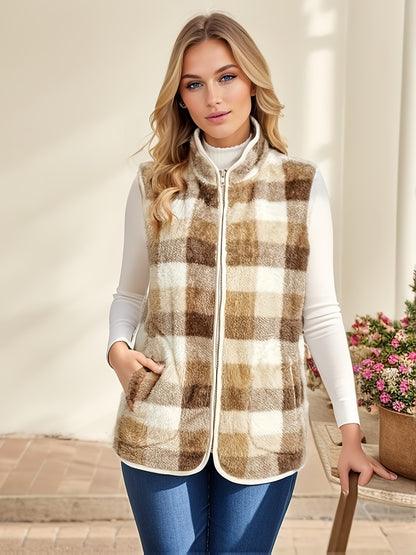 gbolsos  Plaid Pattern Zip Up Vest, Casual Sleeveless Versatile Vest, Women's Clothing