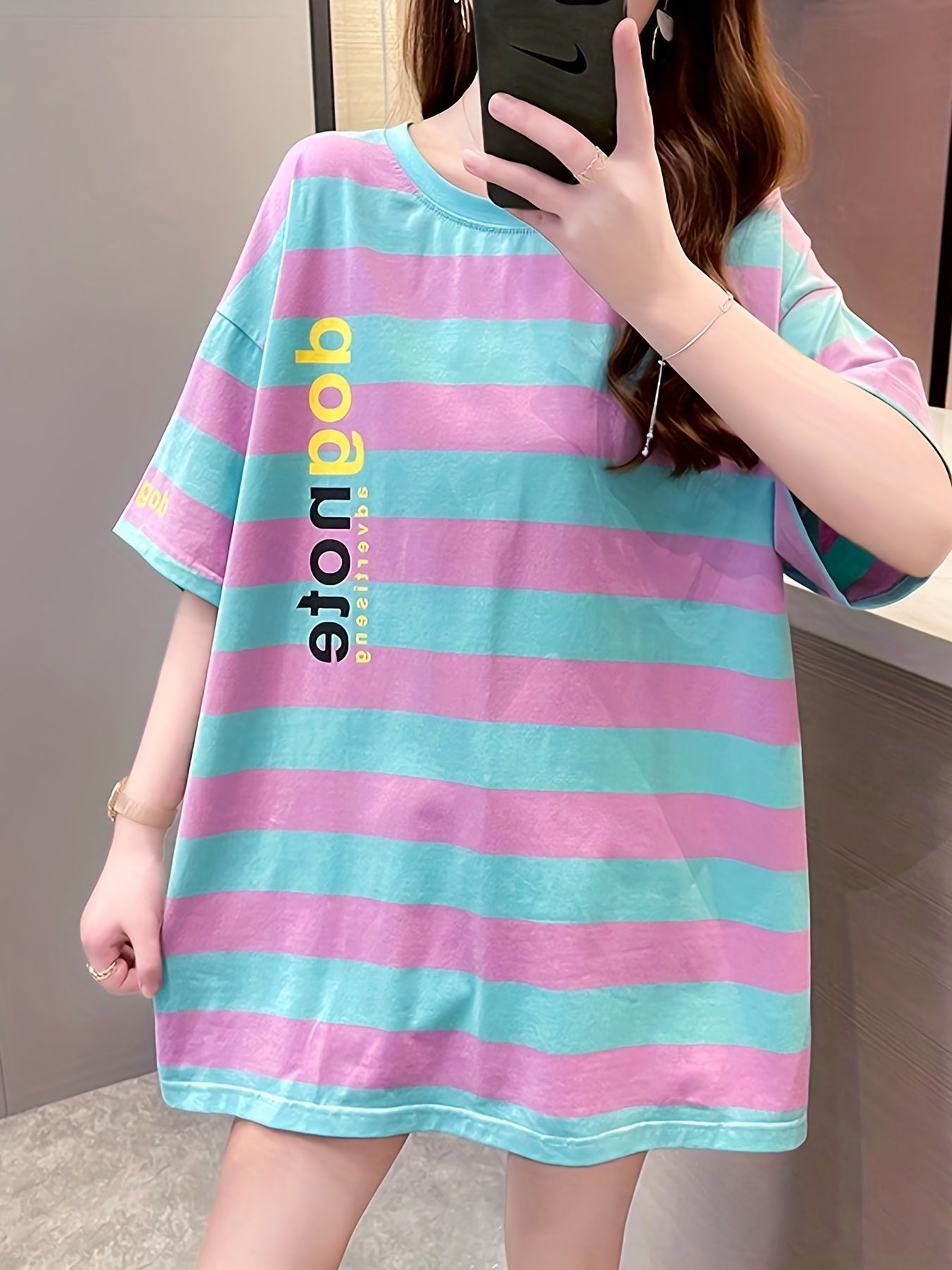 gbolsos  Letter & Stripe Print Crew Neck T-Shirt, Casual Drop Shoulder Top For Spring & Summer, Women's Clothing