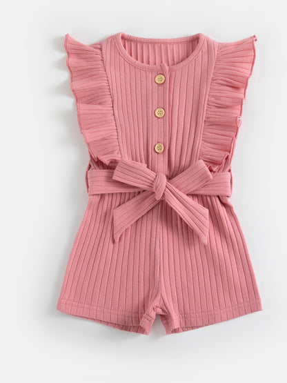gbolsos  Toddler Summer Ruffle Trim Button Bodysuit With Belt, Baby's Comfy Casual Clothes