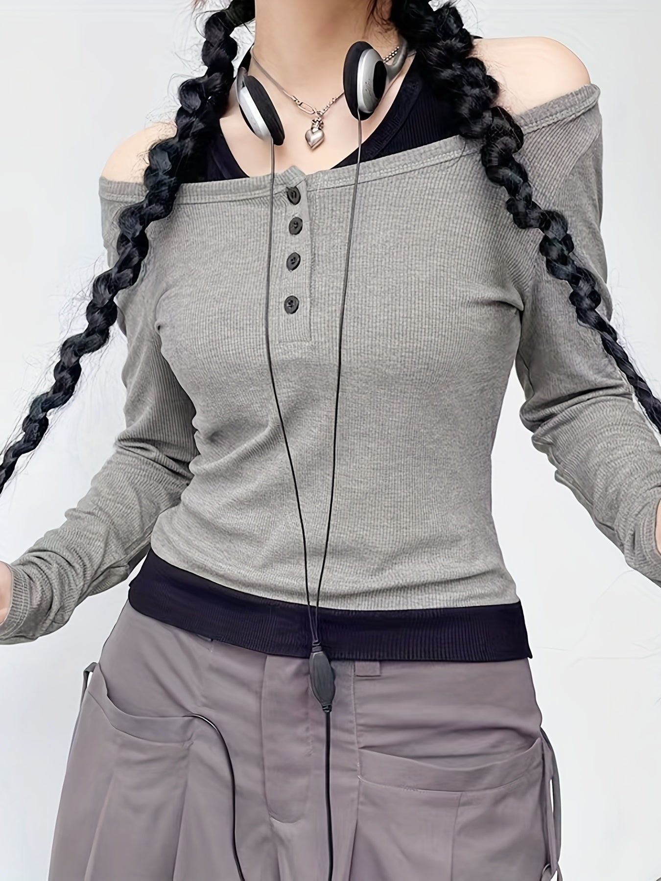 kkboxly  2 In 1 Ribbed Button Front Crew Neck T-Shirt, Casual Long Sleeve T-Shirt For Spring & Fall, Women's Clothing