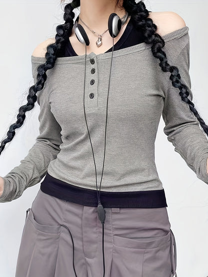 kkboxly  2 In 1 Ribbed Button Front Crew Neck T-Shirt, Casual Long Sleeve T-Shirt For Spring & Fall, Women's Clothing