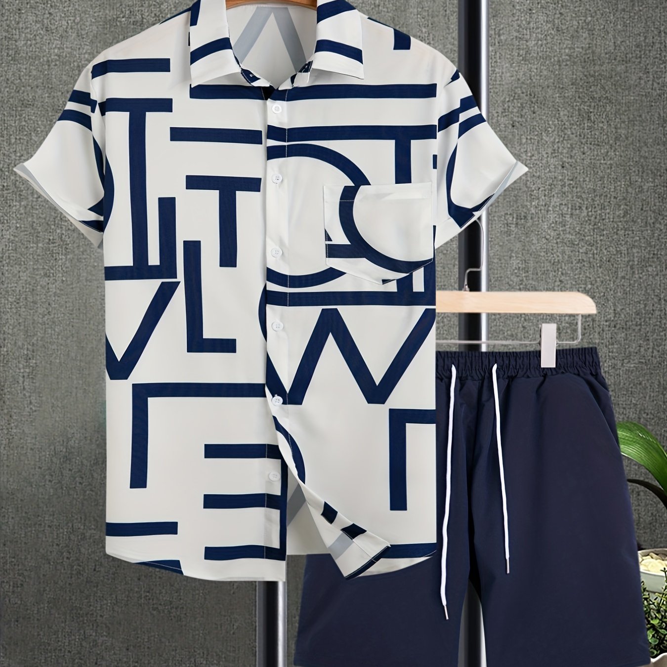 gbolsos  2pcs, Letter Print Everywhere Men's Summer Short Sleeve Button Up Shirt And Shorts Set