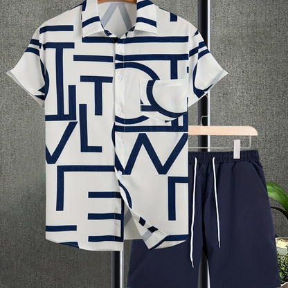 gbolsos  2pcs, Letter Print Everywhere Men's Summer Short Sleeve Button Up Shirt And Shorts Set