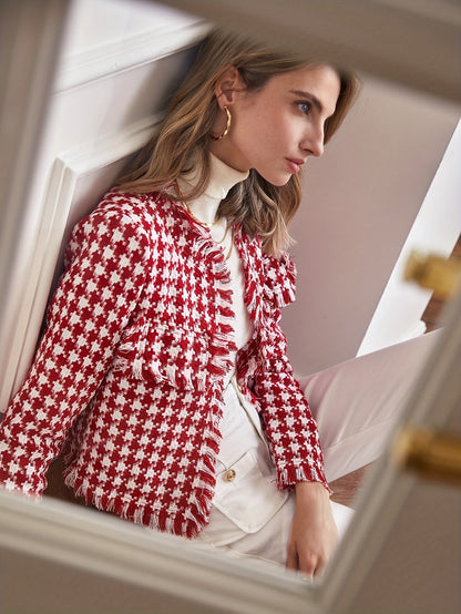 gbolsos  Plaid Raw Hem Jacket, Casual Open Front Long Sleeve Outerwear, Women's Clothing