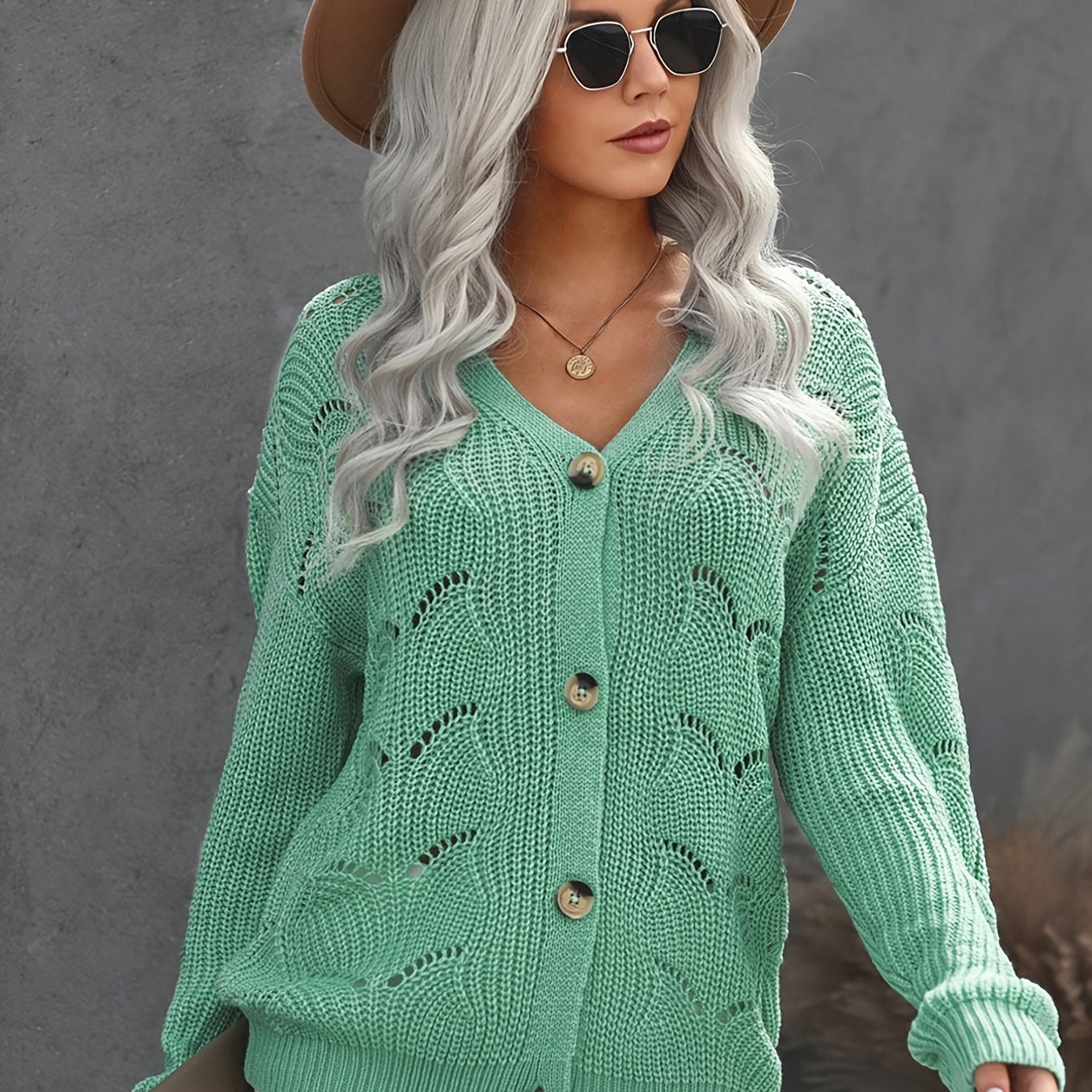 2025 gbolsos  Hollow Out Button Down Knit Cardigan, Casual V-Neck Long Sleeve Fall Winter Sweater Coat, Women's Clothing
