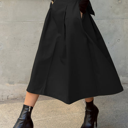 gbolsos Solid Color High Waist Skirt, Casual Bow Front Skirt For Spring & Fall, Women's Clothing
