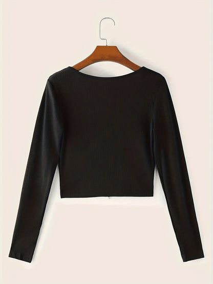 gbolsos  Letter Rhinestone Notched Neck Knitted Top, Casual Long Sleeve Crop Slim Sweater, Women's Clothing