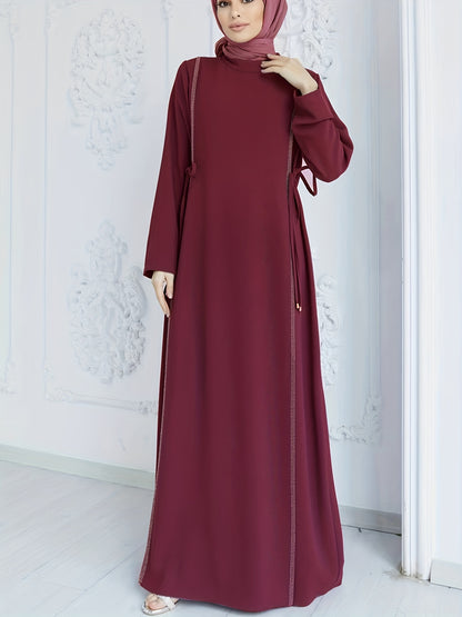 Rhinestone Kaftan Dress, Casual Long Sleeve High Collar Solid Dress, Women's Clothing