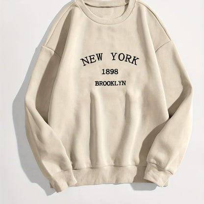 New York Brooklyn Print Loose Sweatshirt, Casual Long Sleeve Crew Neck Sweatshirt, Women's Clothing