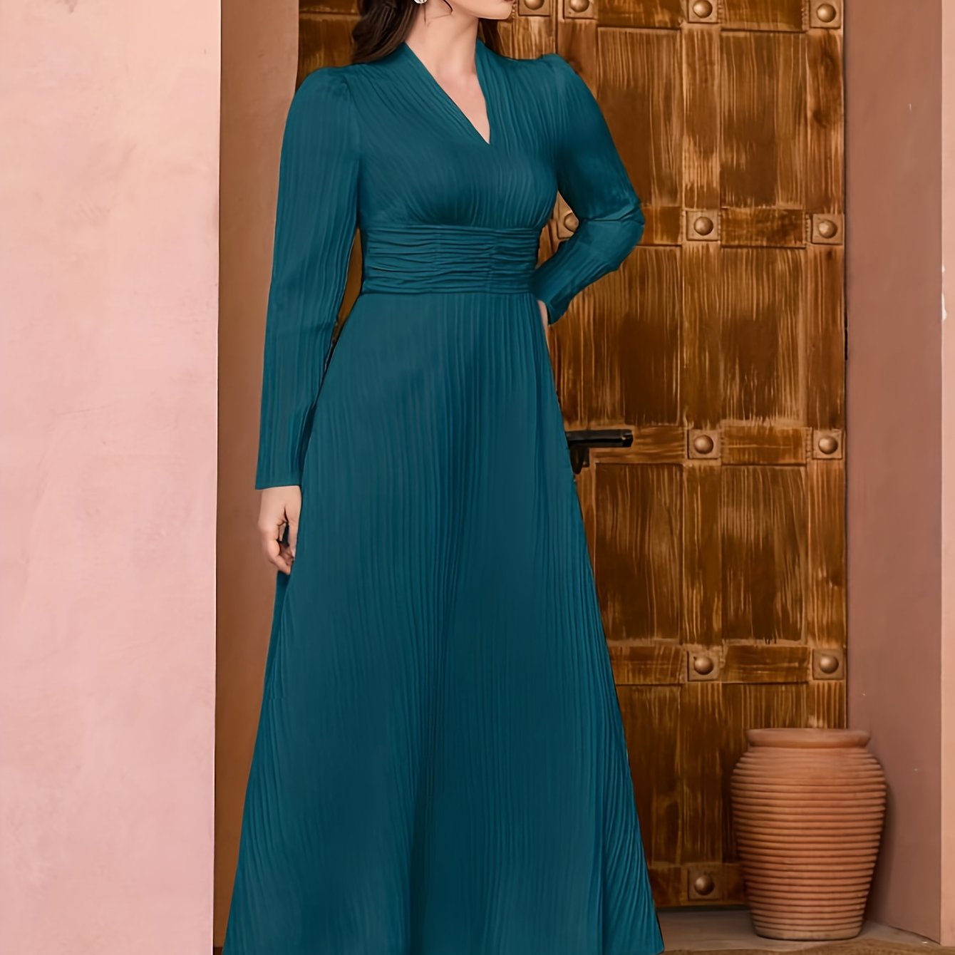 gbolsos  Solid V Neck Dress, Elegant Long Sleeve Shirred Waist Dress, Women's Clothing