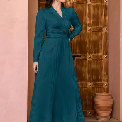 gbolsos  Solid V Neck Dress, Elegant Long Sleeve Shirred Waist Dress, Women's Clothing