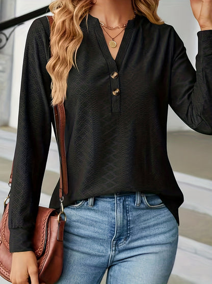 gbolsos  Jacquard Button Front V Neck T-Shirt, Casual Long Sleeve Top For Spring & Fall, Women's Clothing