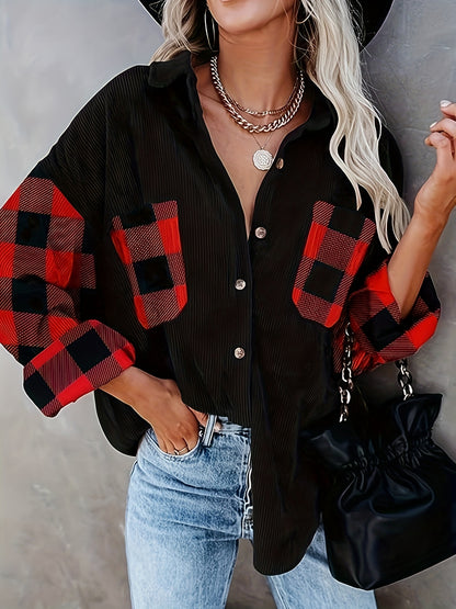 gbolsos  Plaid Print Splicing Shirt, Casual Button Front Long Sleeve Shirt, Women's Clothing