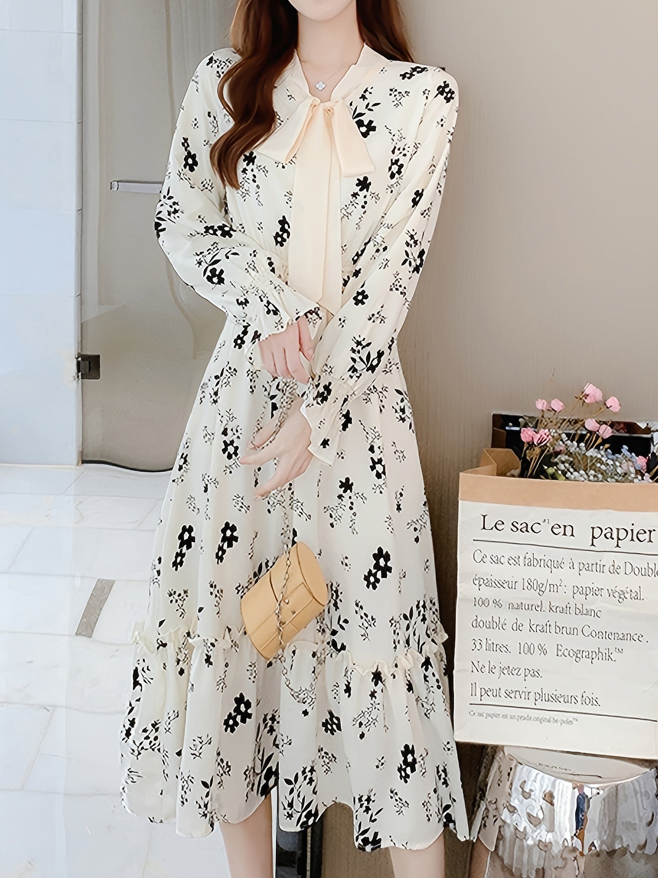 gbolsos  Floral Print High Waist Dress, Elegant Long Sleeve Ruched Maxi Dress, Women's Clothing