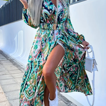 gbolsos  Full Printed Surplice Neck Dress, Boho Long Sleeve Maxi Dress, Women's Clothing