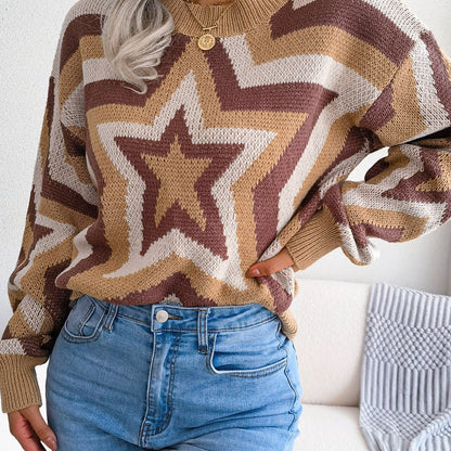 2025 gbolsos  Women's Sweater Drop Shoulder Crew Neck Colorblock Star Print Pullover Sweater