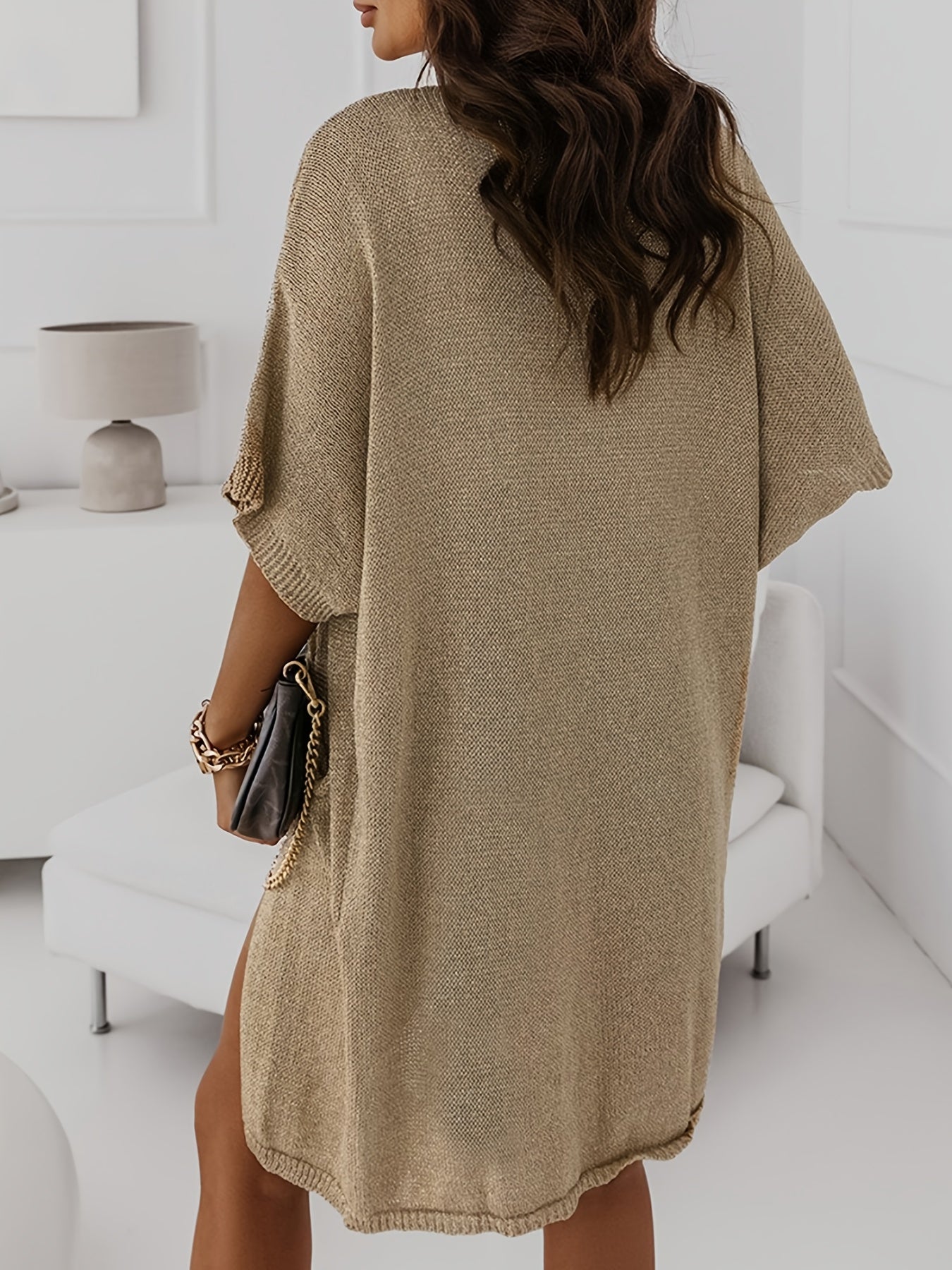 2025 gbolsos  Solid Open Front Pocket Cardigan, Casual Half Sleeve Mid Length Sweater, Women's Clothing