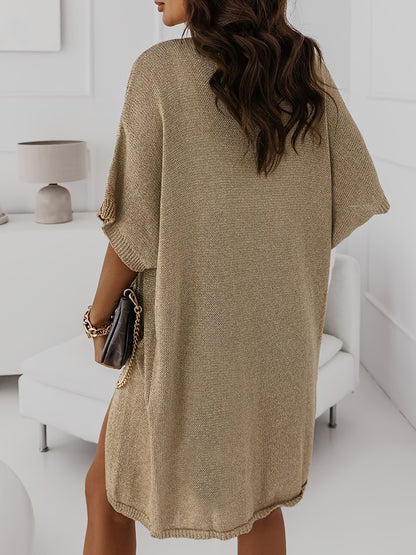 2025 gbolsos  Solid Open Front Pocket Cardigan, Casual Half Sleeve Mid Length Sweater, Women's Clothing