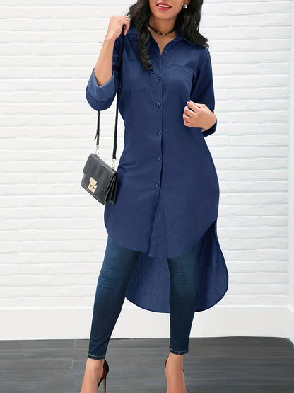 gbolsos  Solid Long Sleeve Button Down Lapel Irregular Hem Shirt, Elegant Pockets Stylish Comfy Shirt, Women's Clothing